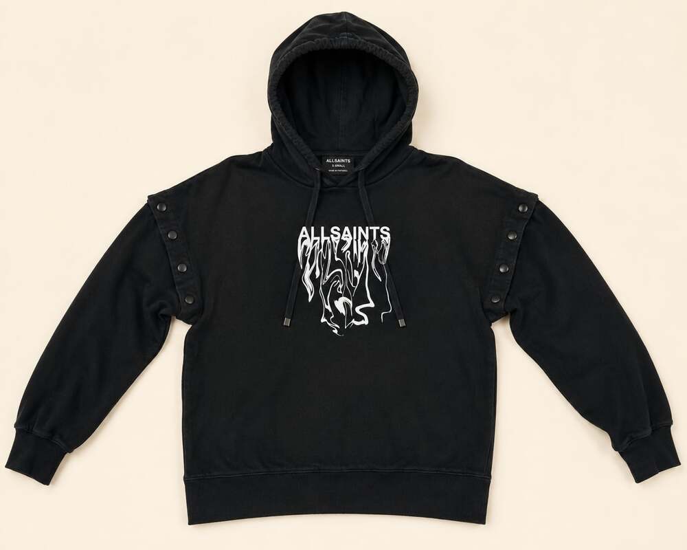 AllSaints Distorted Logo Snap Sleeve Hoodie XS Goth Grunge Streetwear
